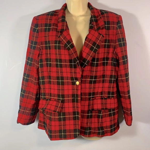 Pendleton sz 12 large Wallace plaid wool blazer red black yellow tartan vintage - Picture 1 of 10